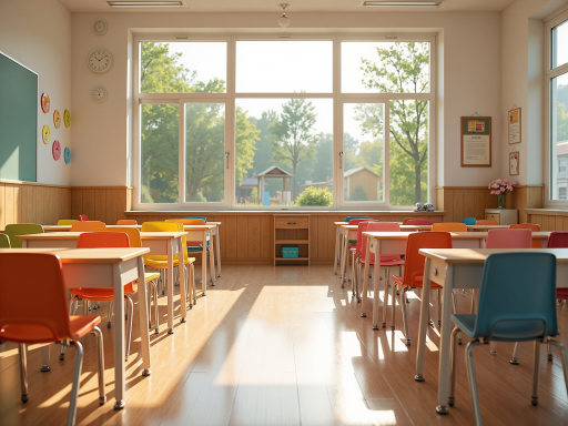 现代化英语教室场景，多媒体教学设备，学生座位排列整齐，明亮教室环境，教育培训机构氛围